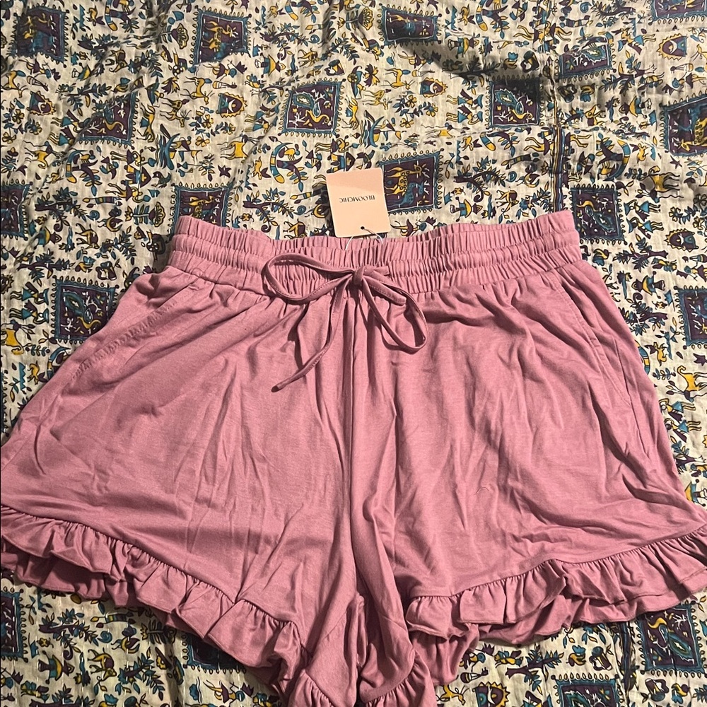 BloomChic Pink Ruffle Hem High-Waist Drawstring Shorts